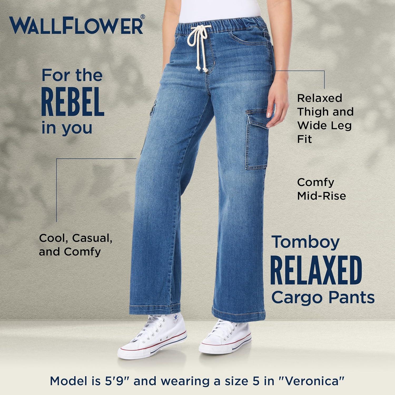 imageWallFlower Womens Tomboy Relaxed Cargo Denim MidRise Insta Stretch Juniors JeansJaylene