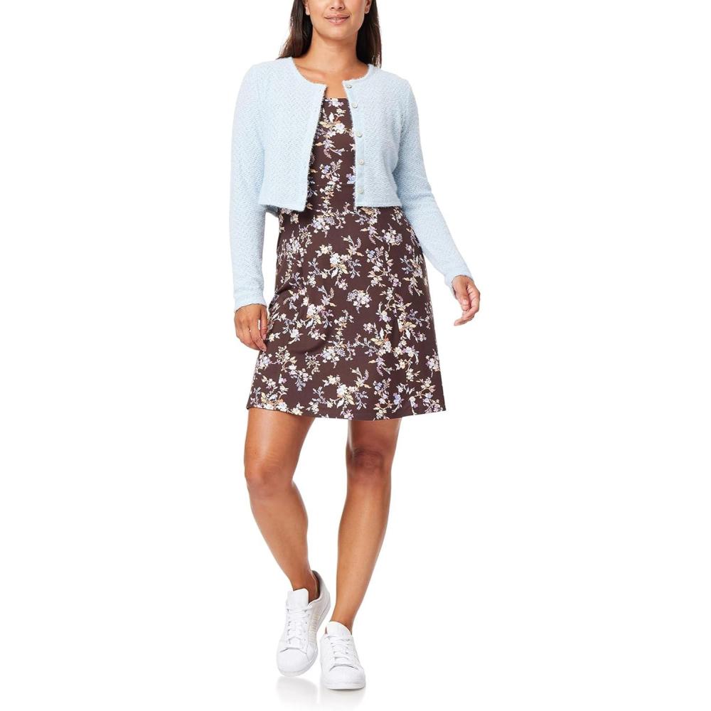 imageWallFlower Womens 2Piece Sweater and Dress Set Elegant Teacher LooksDark Brown Floral  Light Blue Cardigan