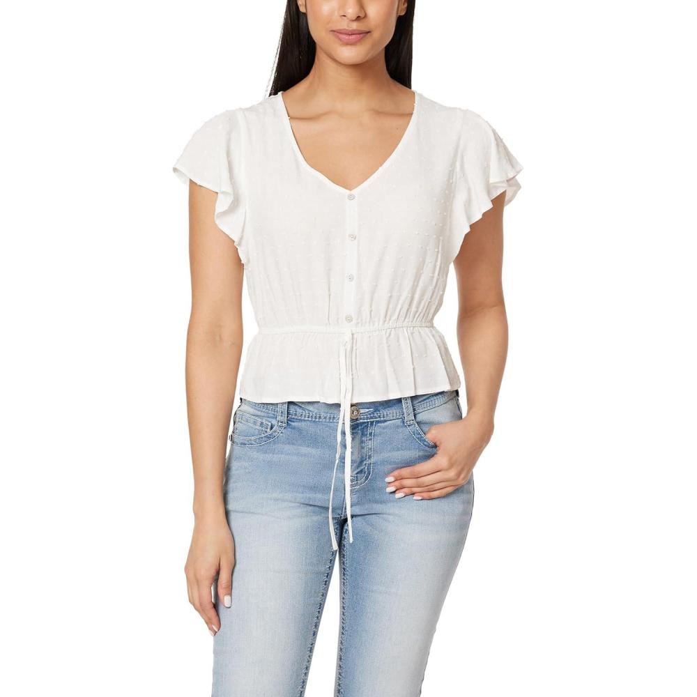 imageWallFlower Womens Adrianne Flutter Sleeve VNeck Rayon Challis Swiss Dot Peplum TopSnow White