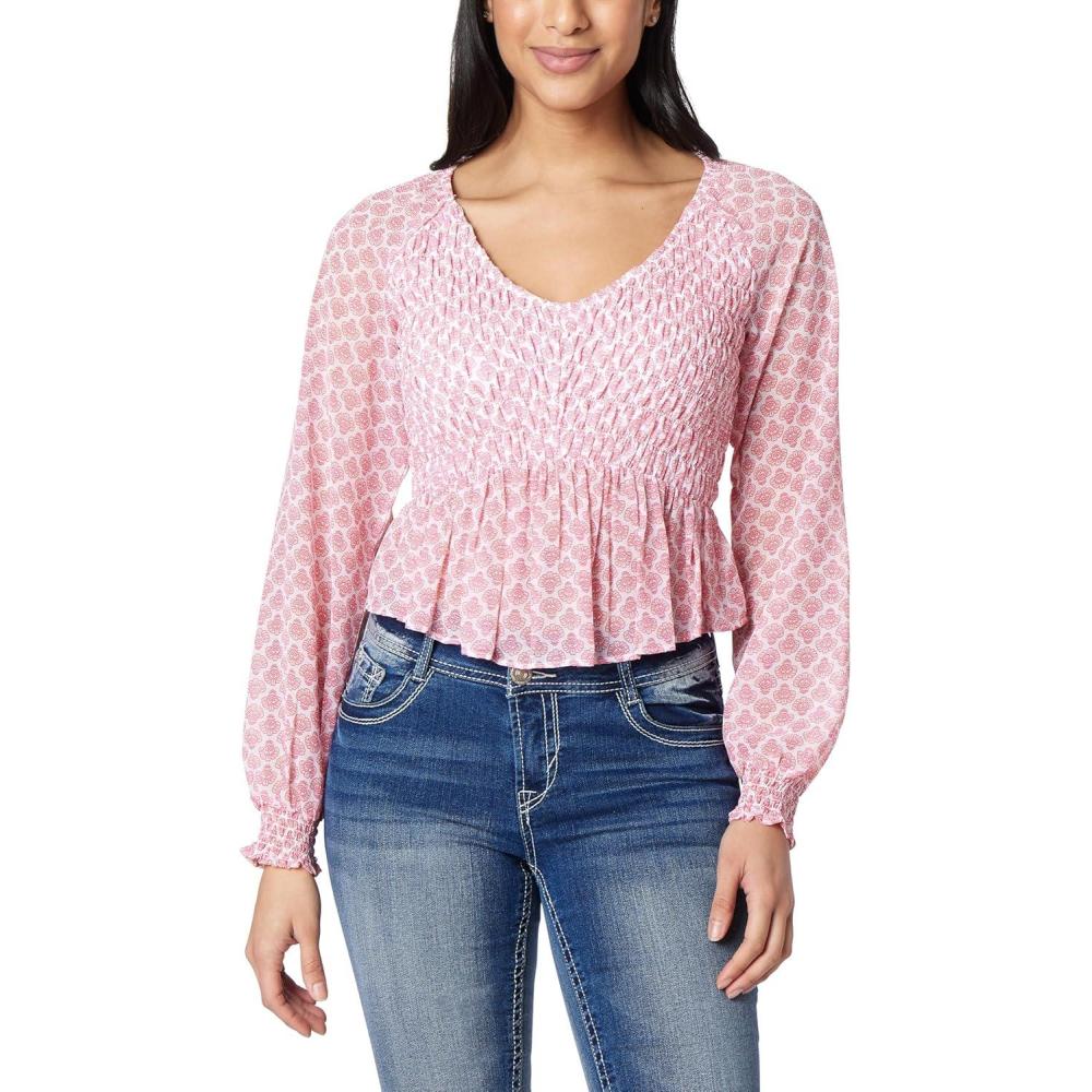 imageWallFlower Womens Boho Chiffon Long Sleeve Dressy Casual Blouses Shirts TopsPink