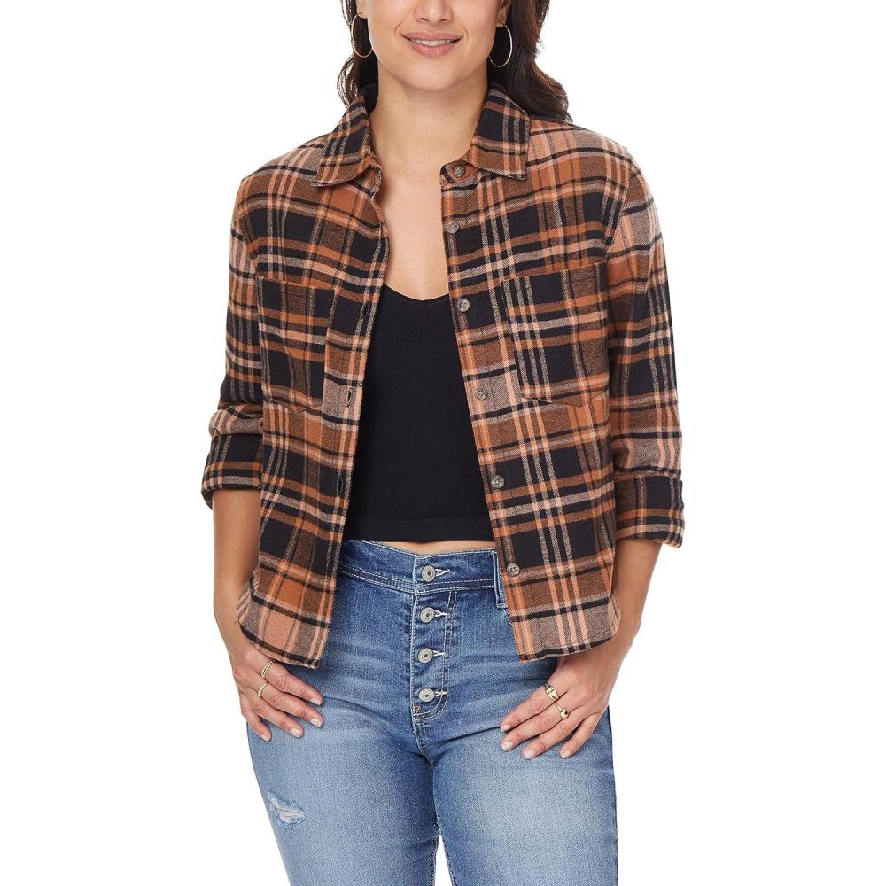 imageWallFlower Womens Bowery Brushed Cropped Cozy Flannel Boyfriend Trendy Spring Summer and Fall Light Button Down ShirtArgan Oil Brown Plaid