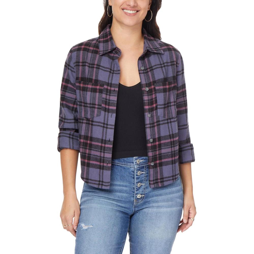 imageWallFlower Womens Bowery Brushed Cropped Cozy Flannel Boyfriend Trendy Spring Summer and Fall Light Button Down ShirtGrisaille Grey