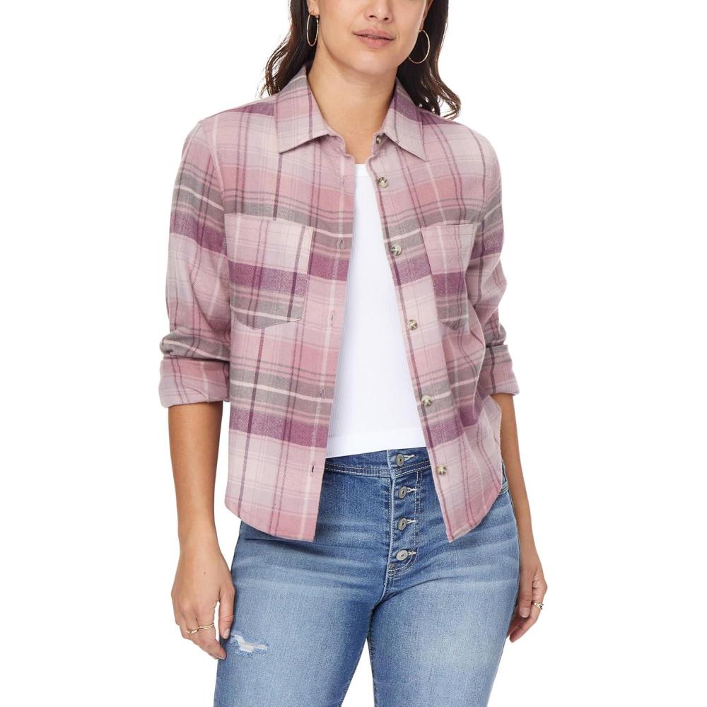 imageWallFlower Womens Bowery Brushed Cropped Cozy Flannel Boyfriend Trendy Spring Summer and Fall Light Button Down ShirtNirvana Purple Plaid