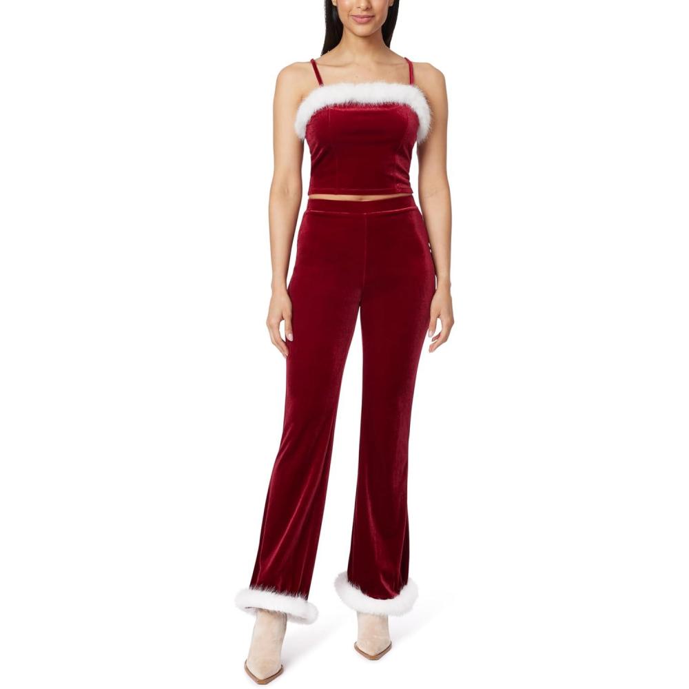 imageWallFlower Womens Ginger Christmas Fur Trimmed Luxe Velour Cropped Cami and Flare Pant SetRed