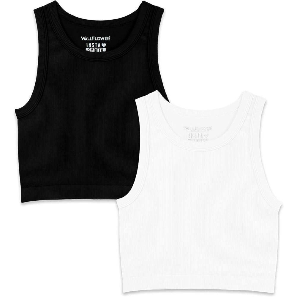 imageWallFlower Womens Insta Smooth Seamless Tank Top 2Pack Standard and PlusBlackWhite Highneck
