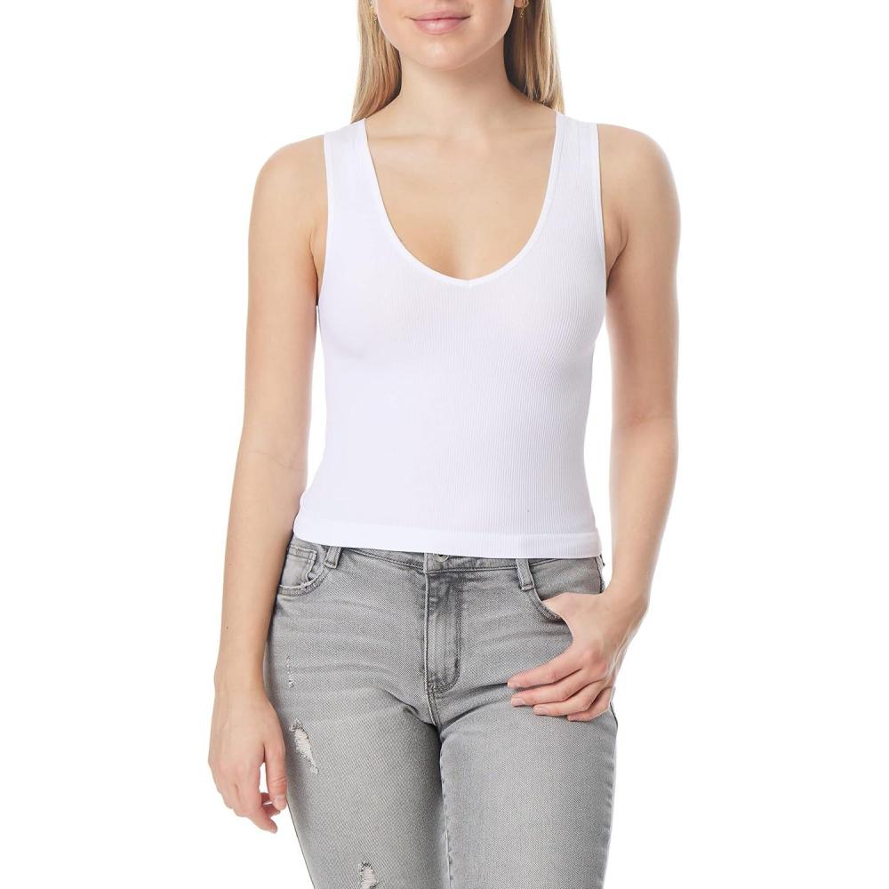 imageWallFlower Womens Insta Smooth Seamless Tank Top 2Pack Standard and PlusBlackWhite Vneck