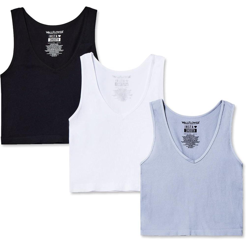 imageWallFlower Womens Insta Smooth Seamless Tank Tops 3Pack Standard and PlusSnow WhiteBlack NightZen Blue
