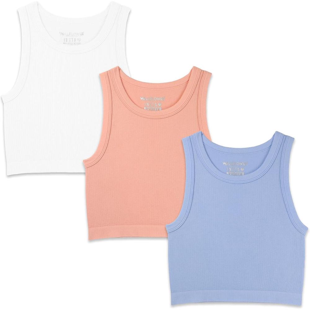 imageWallFlower Womens Insta Smooth Seamless Tank Tops 3Pack Standard and PlusSnow WhitePeach PearlAzurine