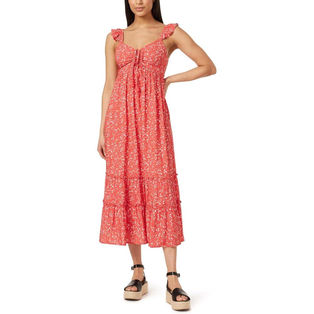 imageWallFlower Womens Lauren Rayon Challis Babydoll Ruched Front Maxi DressCayenne Ditsy Floral