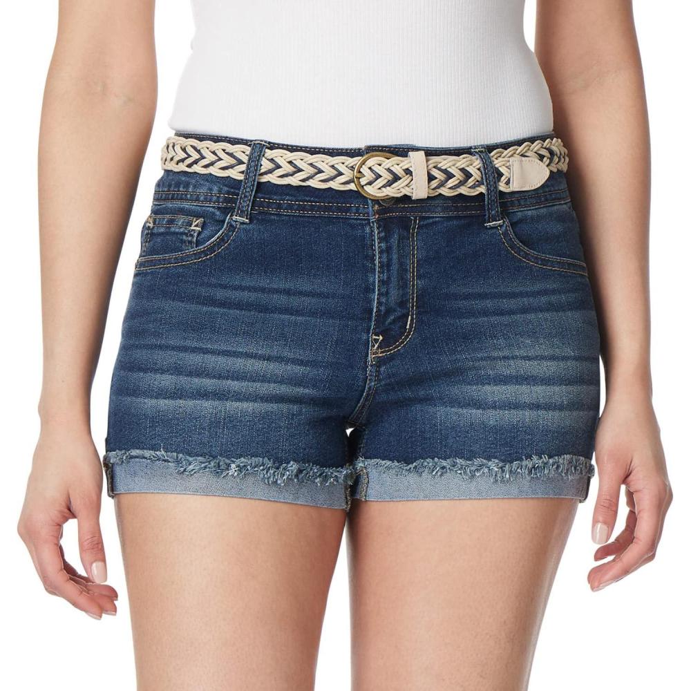 imageWallFlower Womens Luscious Curvy MidRise Denim Insta Stretch Juniors Belted 3quot Shorts ampamp 9quot Bermuda Sizes 0 to 24Alani Belted Short