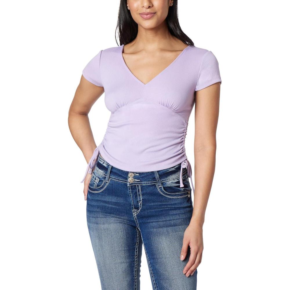 imageWallFlower Womens Madeline Short Sleeve VNeck Yummy Rib Top with Ruched SidesPurple Rose