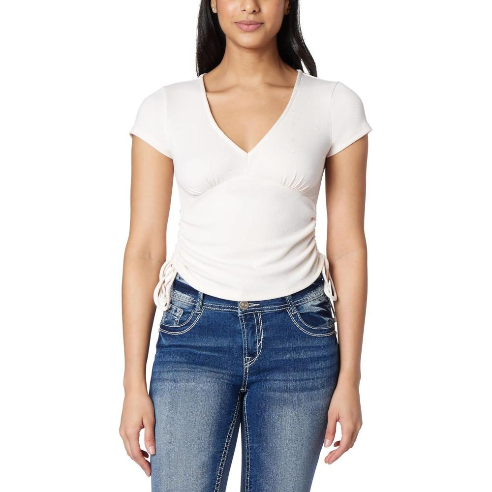 imageWallFlower Womens Madeline Short Sleeve VNeck Yummy Rib Top with Ruched SidesSnow White