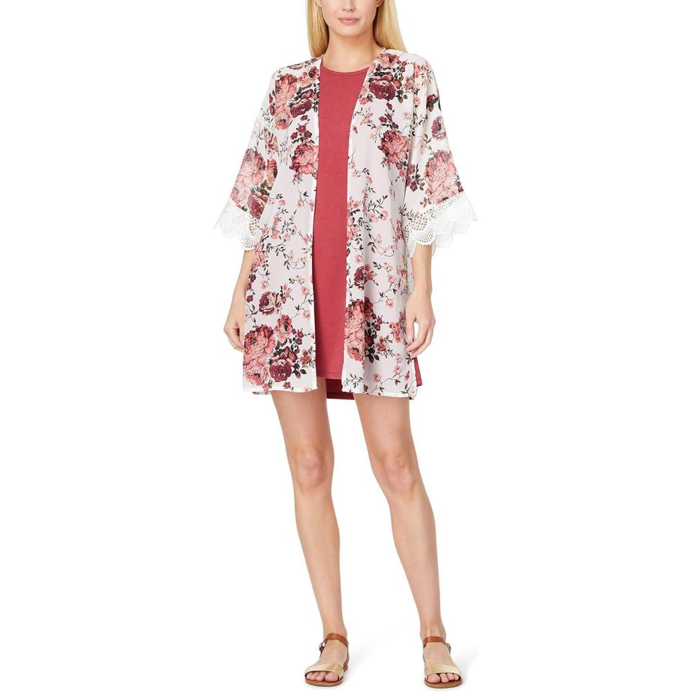 imageWallFlower Womens Sleeveless Swing Dress ampamp Printed Kimono SetWhite Classic Floral With Red Dress