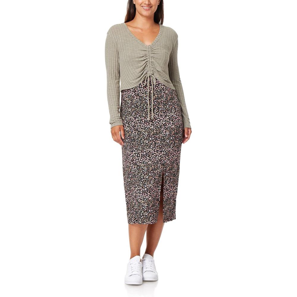 imageWallFlower womens 2piece Sweater and Dress SetBlackBrown Floral  Vetiver Green Cardigan