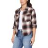 imageWallFlower Womens Bowery Brushed Cropped Cozy Flannel Boyfriend Trendy Spring Summer and Fall Light Button Down ShirtMahogany Black Plaid