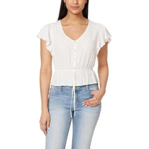 imageWallFlower Womens Adrianne Flutter Sleeve VNeck Rayon Challis Swiss Dot Peplum TopSnow White