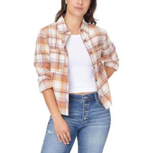 imageWallFlower Womens Bowery Brushed Cropped Cozy Flannel Boyfriend Trendy Spring Summer and Fall Light Button Down ShirtLavender Plaid