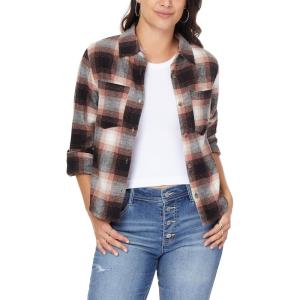 imageWallFlower Womens Bowery Brushed Cropped Cozy Flannel Boyfriend Trendy Spring Summer and Fall Light Button Down ShirtMahogany Black Plaid