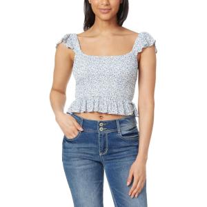 imageWallFlower Womens Brandy Ruffle Strap Smocked Rayon Challis TopBright White Ditsy Floral