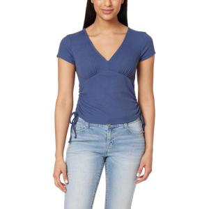 imageWallFlower Womens Madeline Short Sleeve VNeck Yummy Rib Top with Ruched SidesCrown Blue