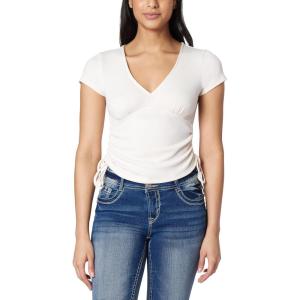 imageWallFlower Womens Madeline Short Sleeve VNeck Yummy Rib Top with Ruched SidesSnow White