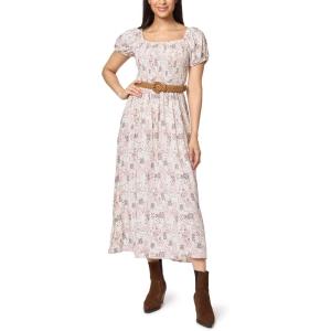 imageWallFlower Womens Alma Rayon Challis Puff Sleeve Smocked Belted Maxi DressParchment